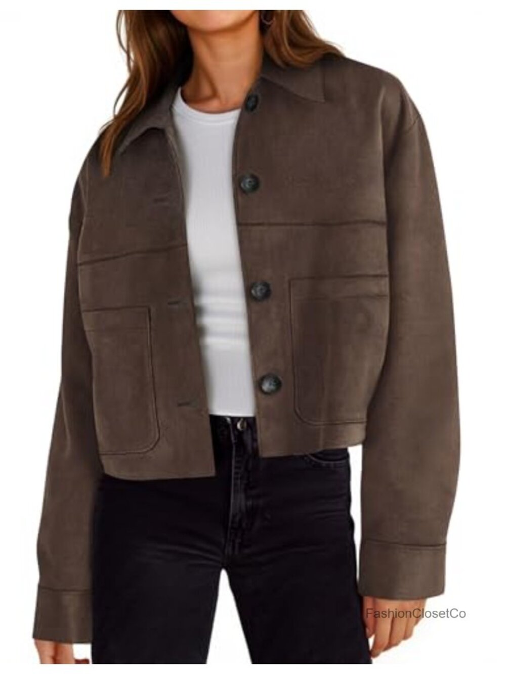 Faux Suede Cropped Jacket Lapel Collar Button Utility Pockets Lightweight